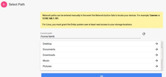 Мастер настройки Emby: добавление медиатеки