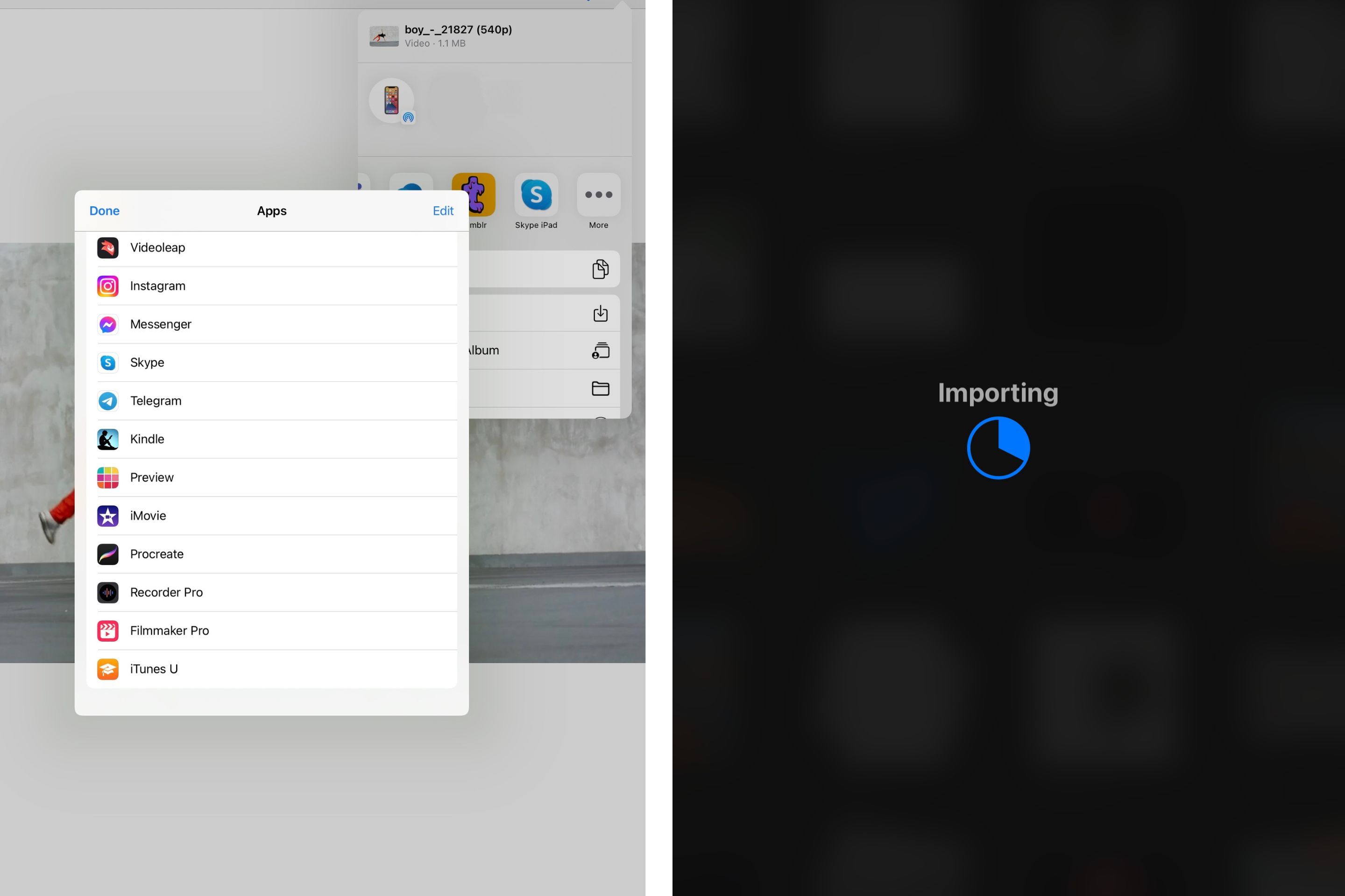 Two screenshots showing the file selection tool and Procreate import screen on iPad.