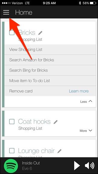 Меню приложения Alexa