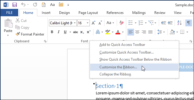 Настройка вкладок ленты в Office 2013