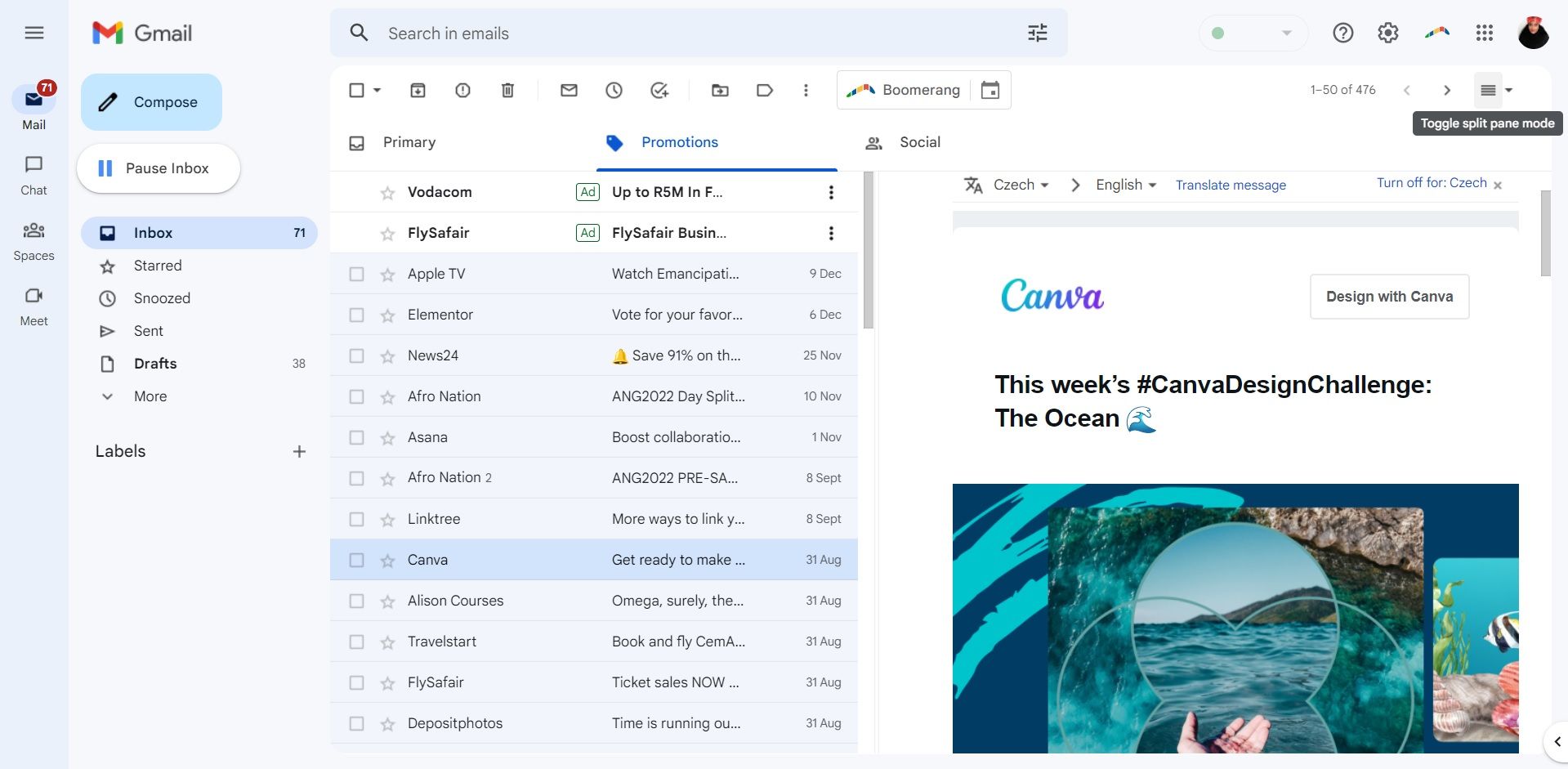 Предпросмотр письма в панели чтения Gmail