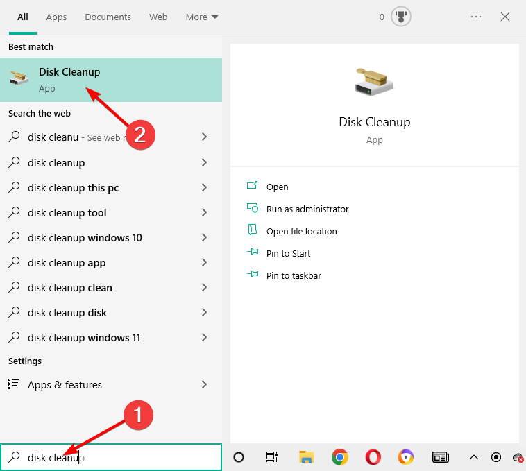 Datenträgerbereinigung starten: Windows-Suche-Ergebnis für 