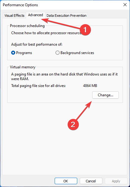 Окно изменения параметров виртуальной памяти