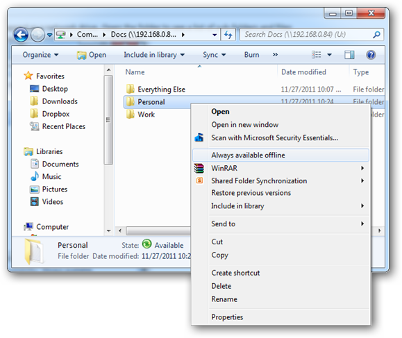 Контекстное меню: опция «Всегда доступно в автономном режиме» для папки