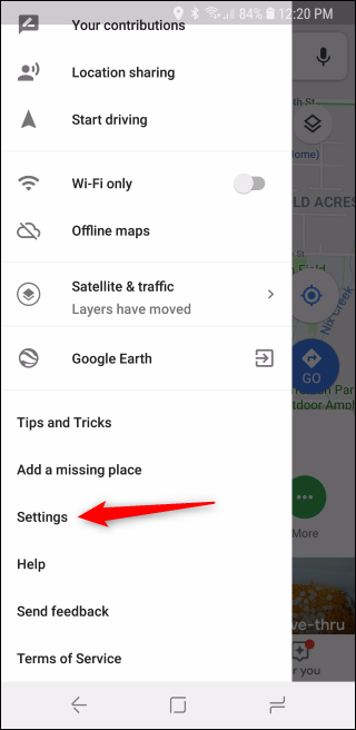 Боковое меню Google Maps на Android с доступом к настройкам