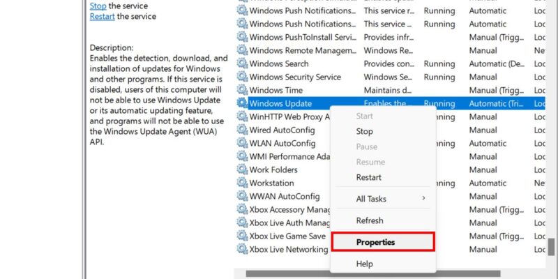 Выбор «Свойства» для службы Windows Update