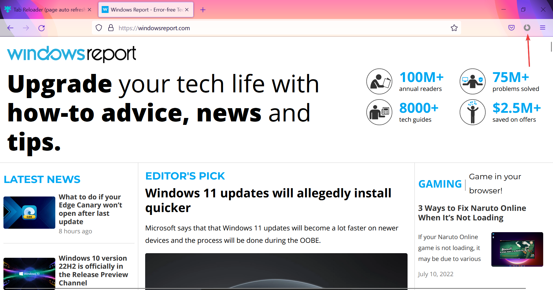 Значок Tab Reloader в тулбаре Firefox