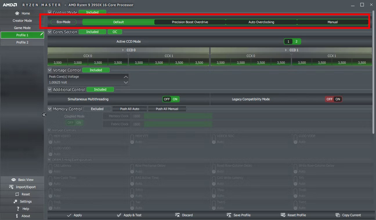 Выбор режима в Ryzen Master