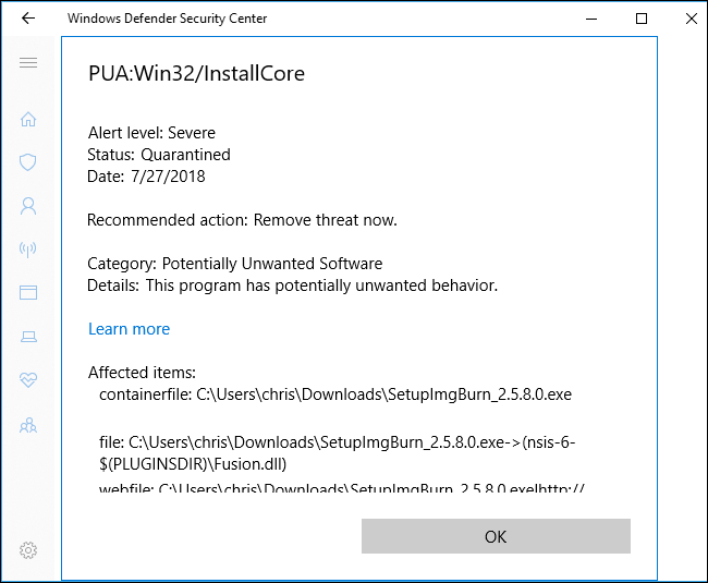 Журнал карантина и обнаруженных угроз в Защитнике Windows