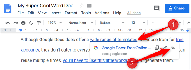Клик по гиперссылке и значок для удаления ссылки
