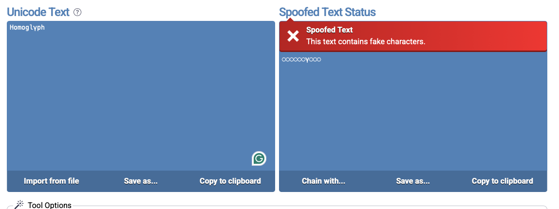 Иллюстрация интерфейса онлайн‑инструмента для поиска гомоглифов и спуфинга