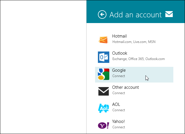 Выбор аккаунта Outlook или Google в приложении Почта