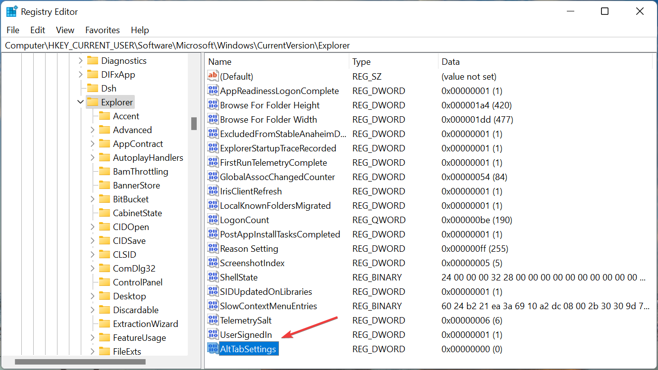 Установка значения AltTabSettings