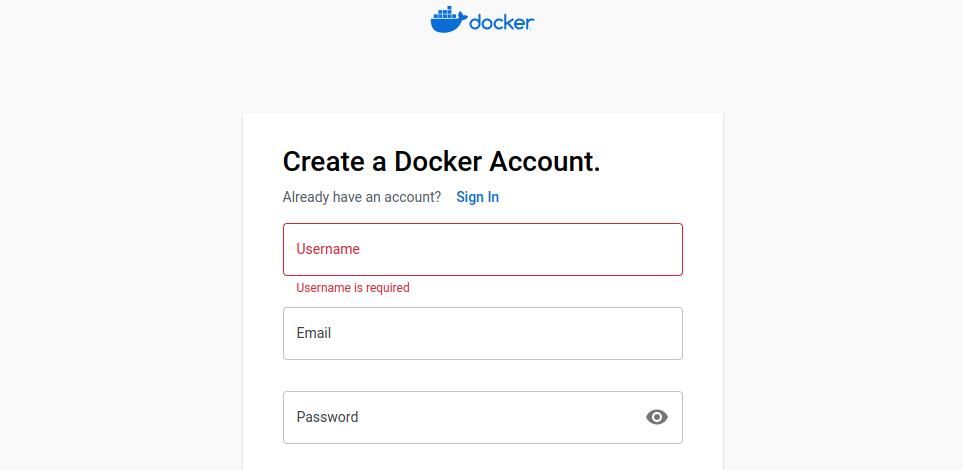Страница регистрации Docker Hub