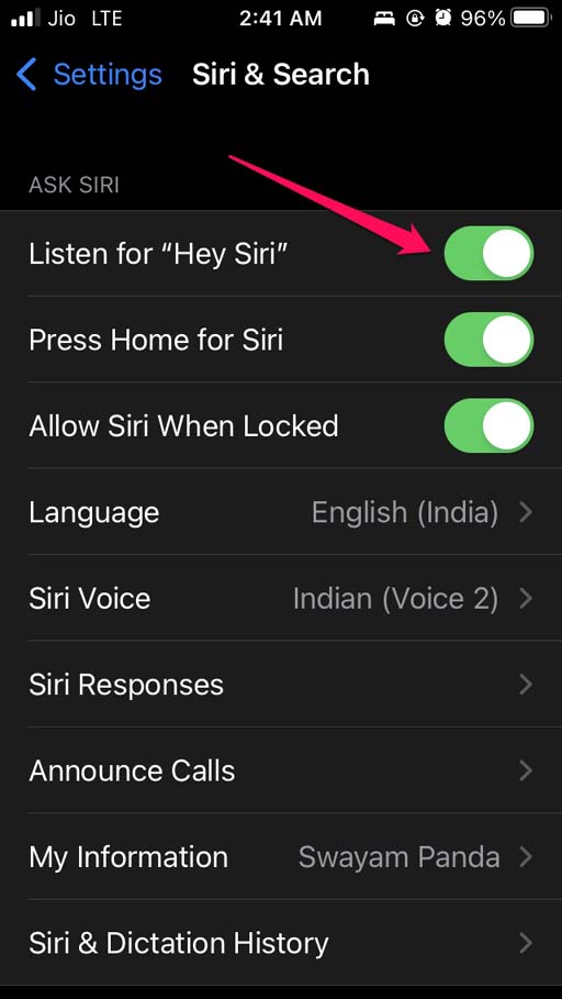 Включение Привет Siri