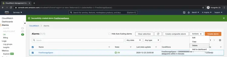 Удаление оповещения — выбор действия Delete