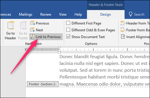 Восстановление колонтитула для следующего раздела
