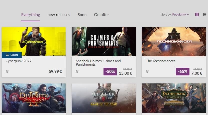 Библиотека игр GOG — пример расположения игр