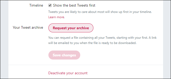 Кнопка Request Your Archive в настройках аккаунта Twitter