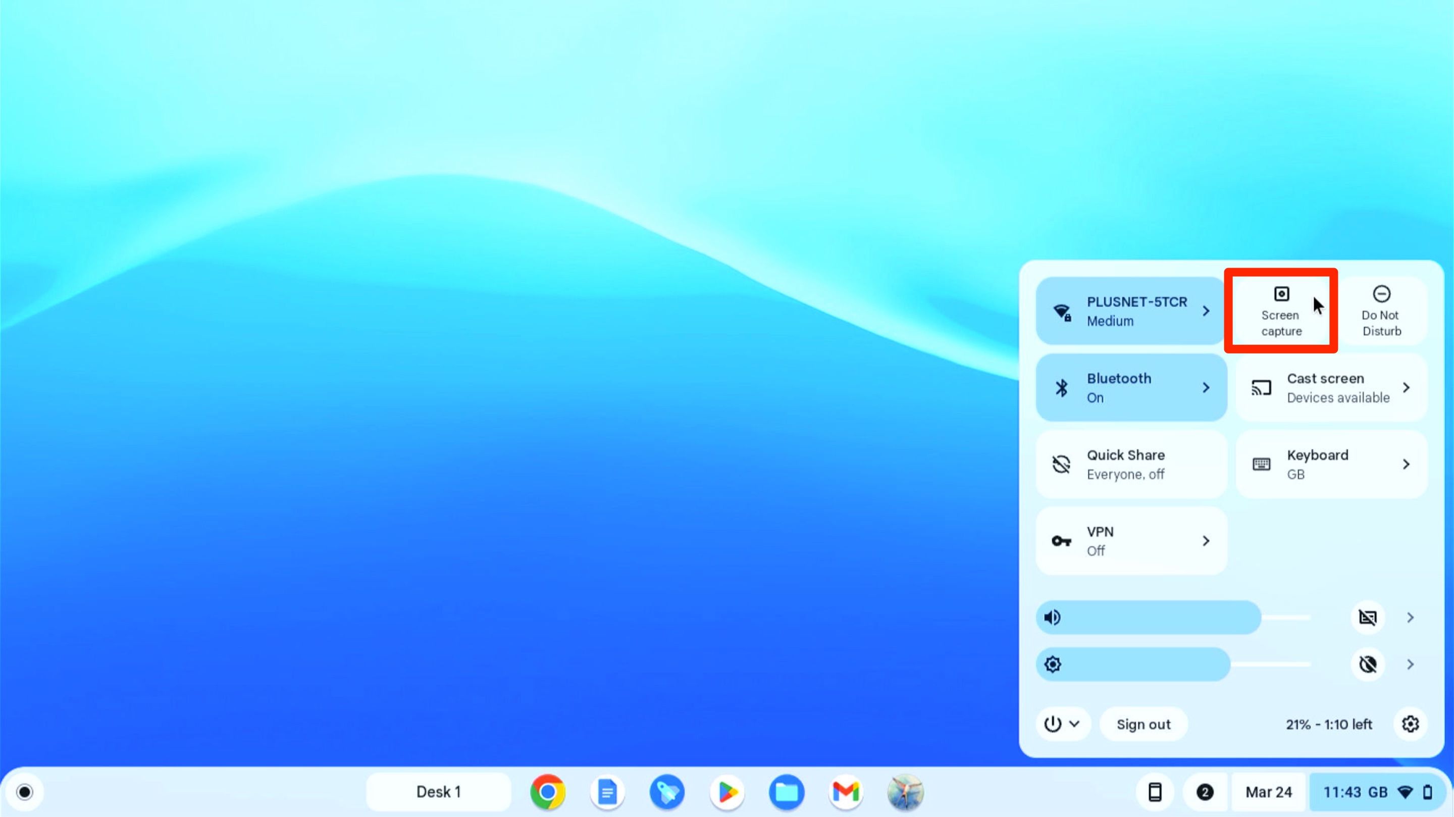 Выберите Screen Capture в Быстрых настройках ChromeOS