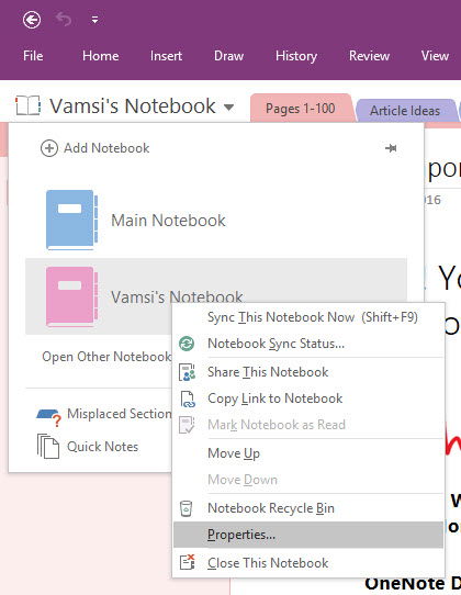 Окно свойств блокнота в OneNote для переименования