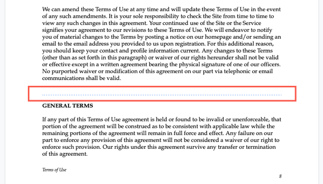 Разрыв секции в Google Docs, синяя пунктирная линия показывает границу