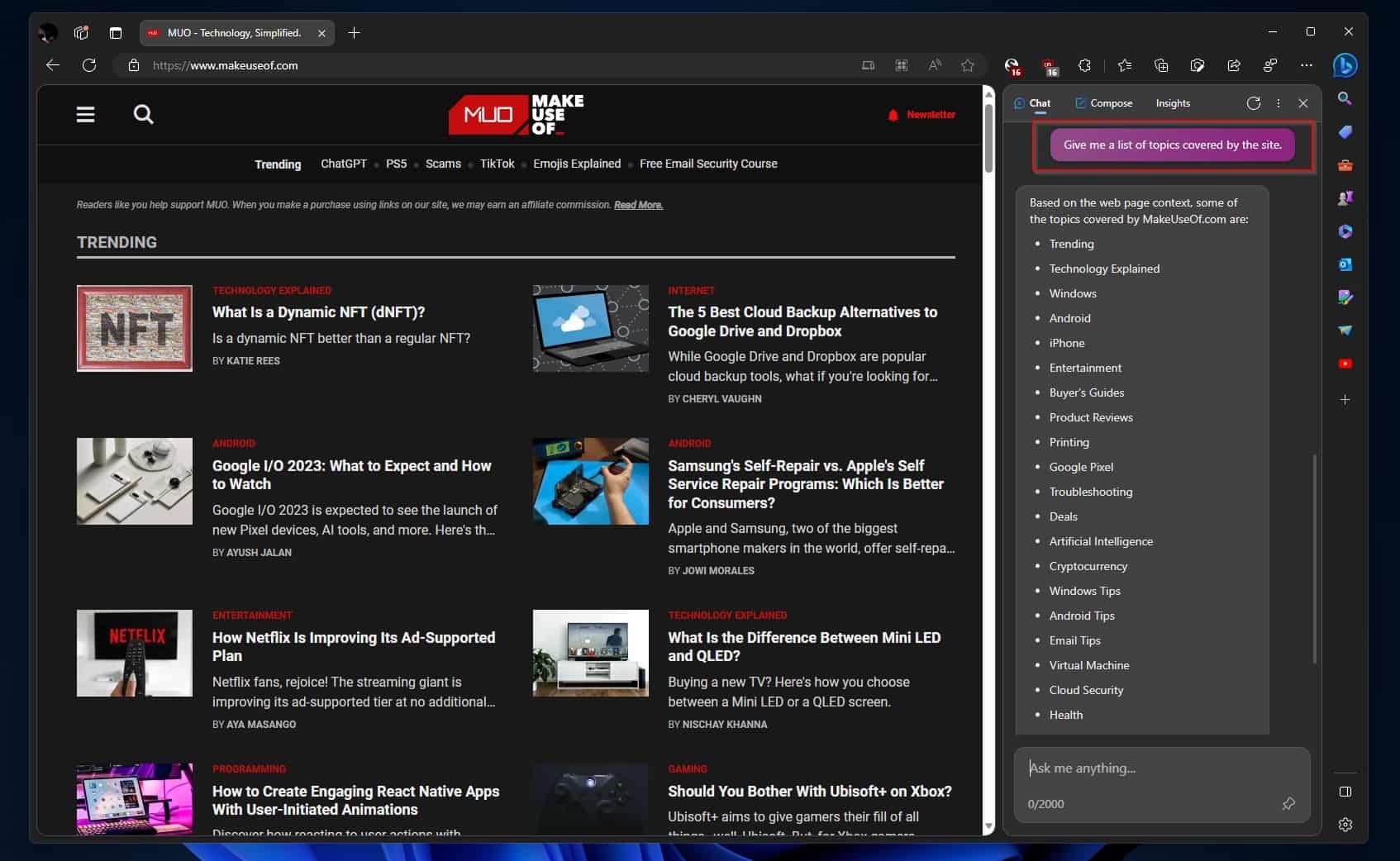 Bing Sidebar извлекает ключевые темы и структурирует их в список