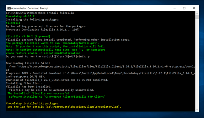Установка FileZilla через Chocolatey