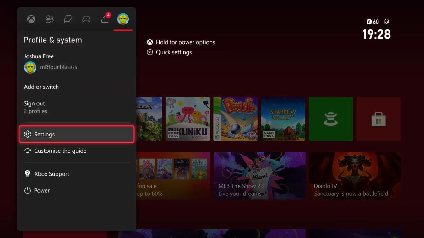 Скриншот меню Guide на Xbox Series X|S, выделен раздел «Профиль и система» и «Настройки»