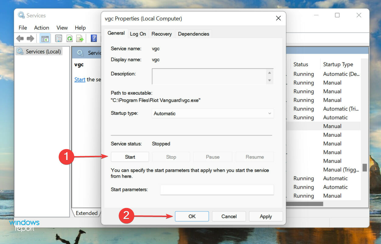 Запустите службу vgc