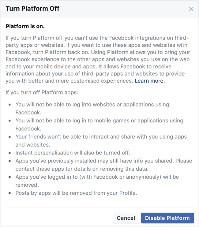Кнопка отключения платформы Facebook для третьих сторон