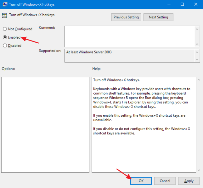 Включение параметра Turn off Windows+X hotkeys