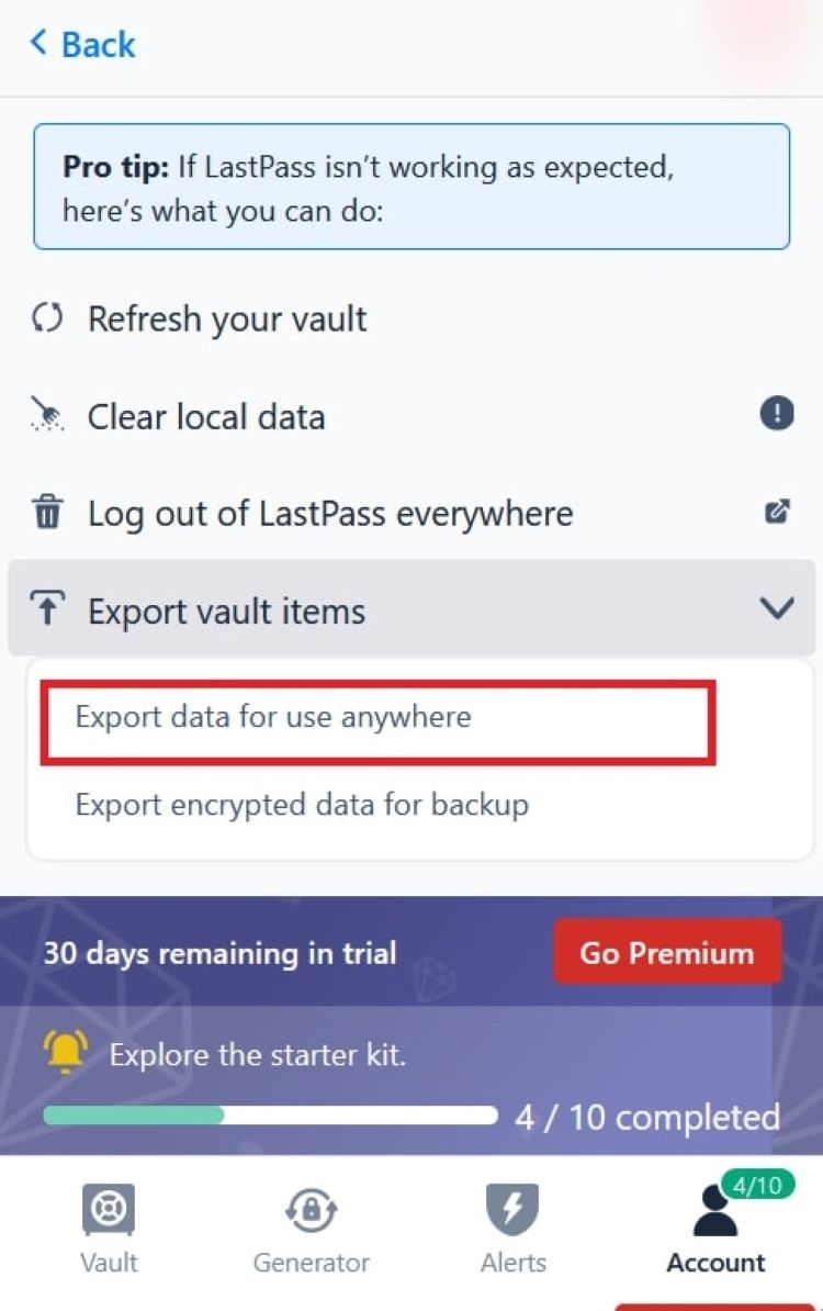 Опции экспорта паролей