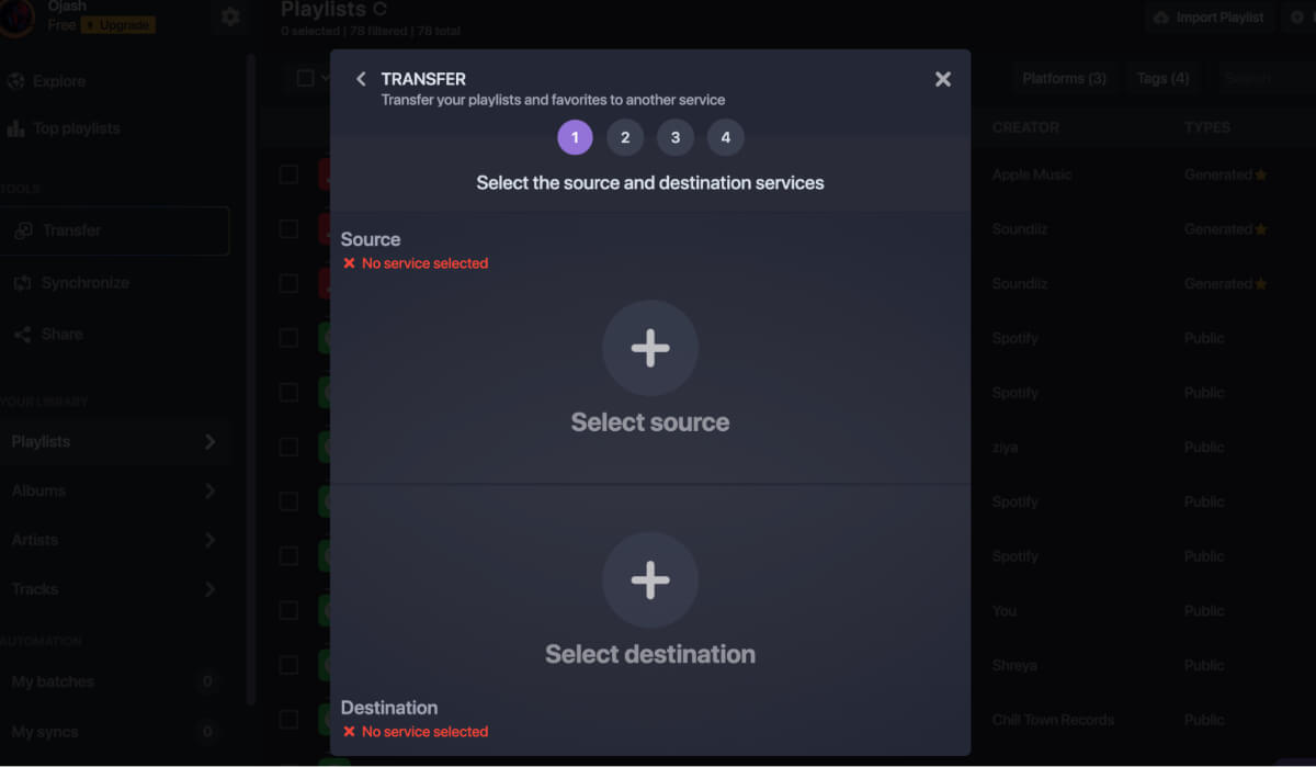 Выбор источника — Spotify в Soundiiz