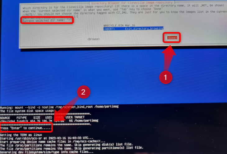 Выберите папку репозитория образов Clonezilla (по умолчанию корень)