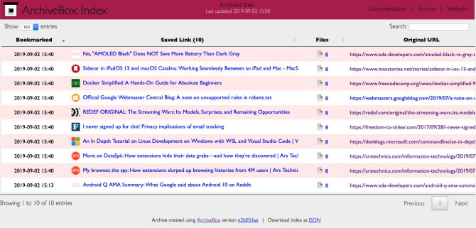 Список заархивированных ссылок в интерфейсе ArchiveBox с поиском и сортировкой