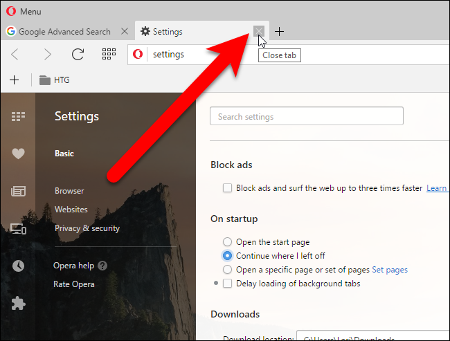 Скриншот закрытия вкладки Настройки в Opera