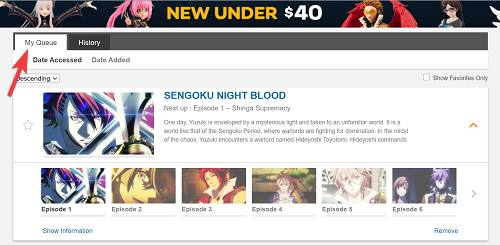 Страница My Queue в интерфейсе Crunchyroll