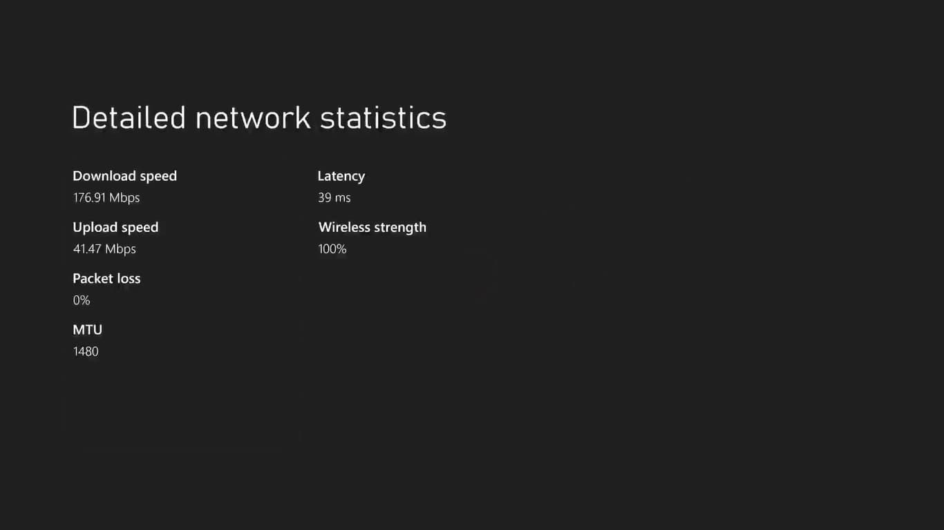 Результаты теста скорости и статистики сети на Xbox Series X