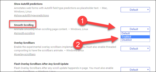 Параметр Smooth Scrolling в edge://flags — раскрывающийся список установлен в Enabled