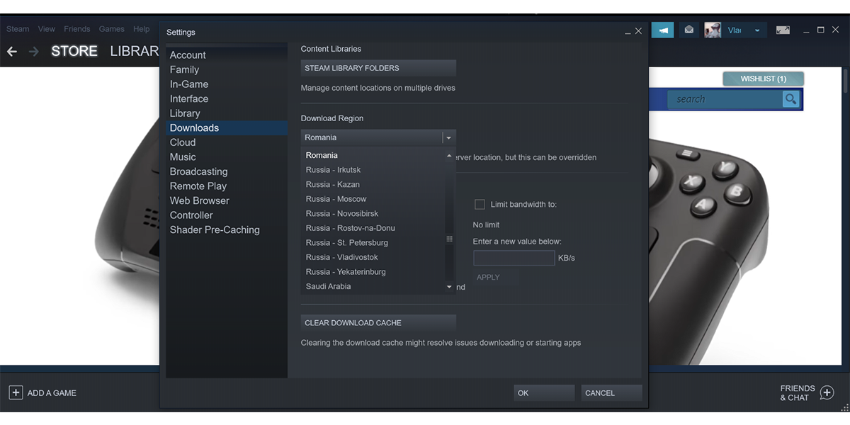 Смена региона загрузки в Steam