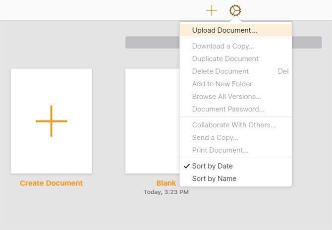 Кнопка загрузки документа в Pages на iCloud