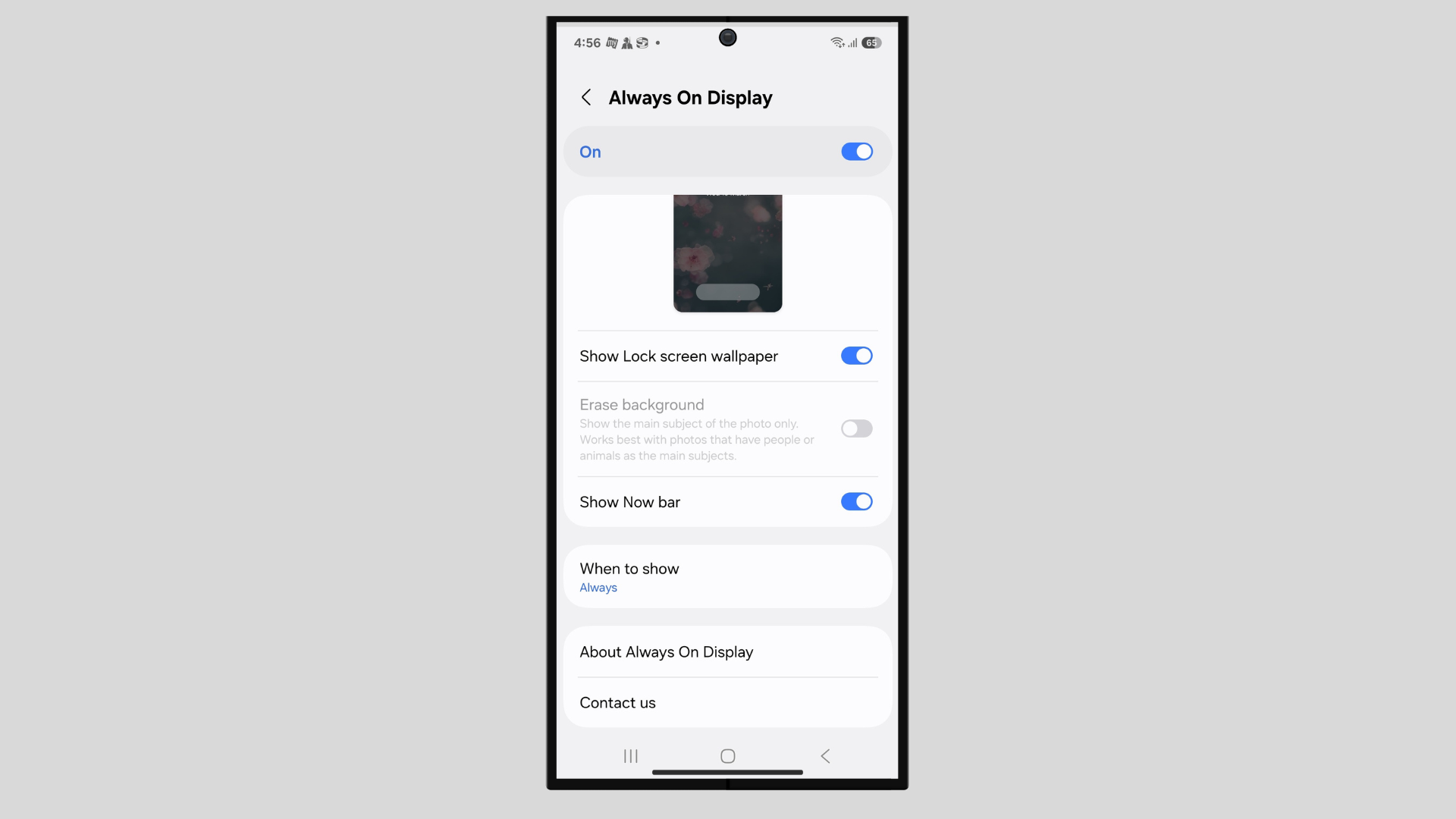 Скриншот меню Always On Display на Samsung Galaxy S25 с видимыми опциями.