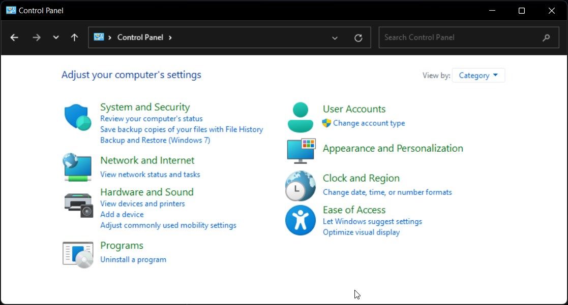 Windows 11 Control Panel Showing the Hardware and Sound Option
