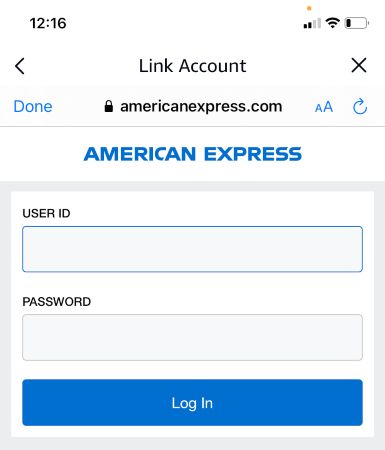 Страница привязки учётной записи American Express в приложении Alexa