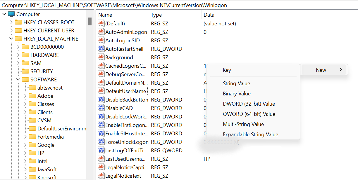 Создание нового строкового значения в regedit