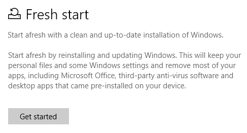 Окно Recovery с опцией Fresh Start