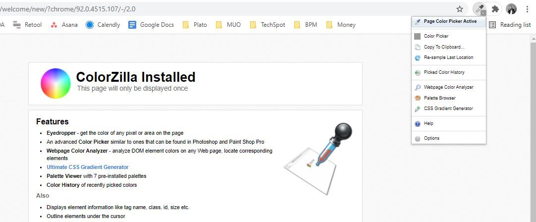 Выпадающее окно расширения ColorZilla в браузере с опциями пипетки