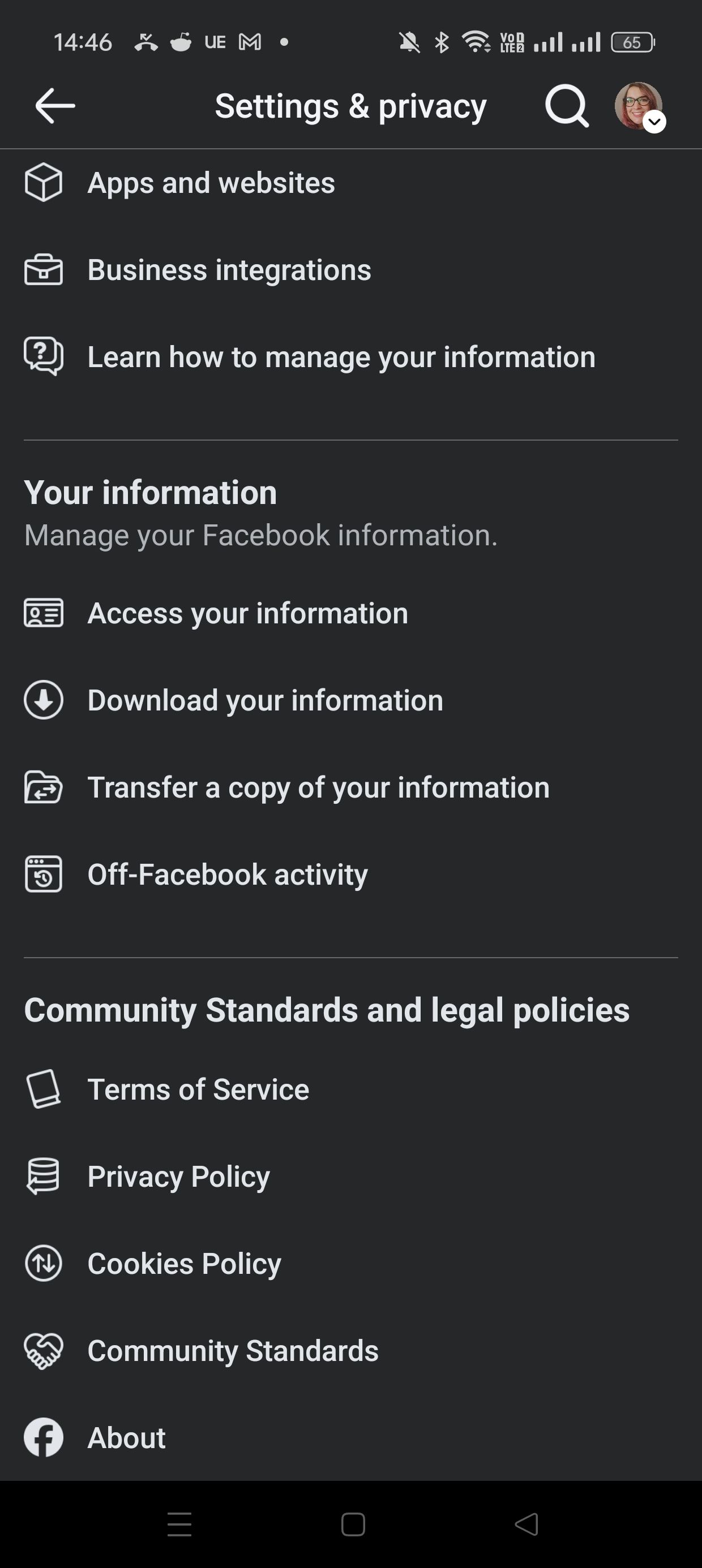 Опция «Доступ к вашей информации» в мобильном приложении Facebook