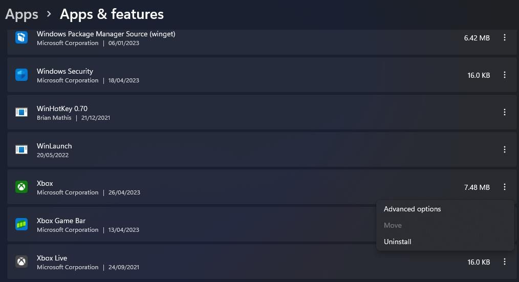Опция удаления приложения Xbox